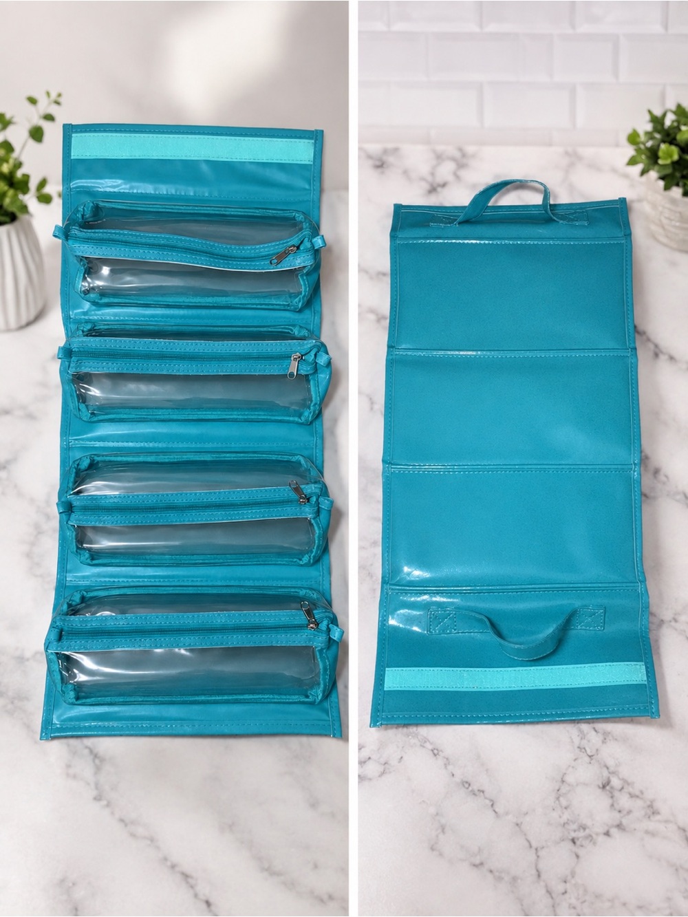 Turquoise Hanging Travel Toiletry organizer - Multiple Compartment Cosmetic Bag